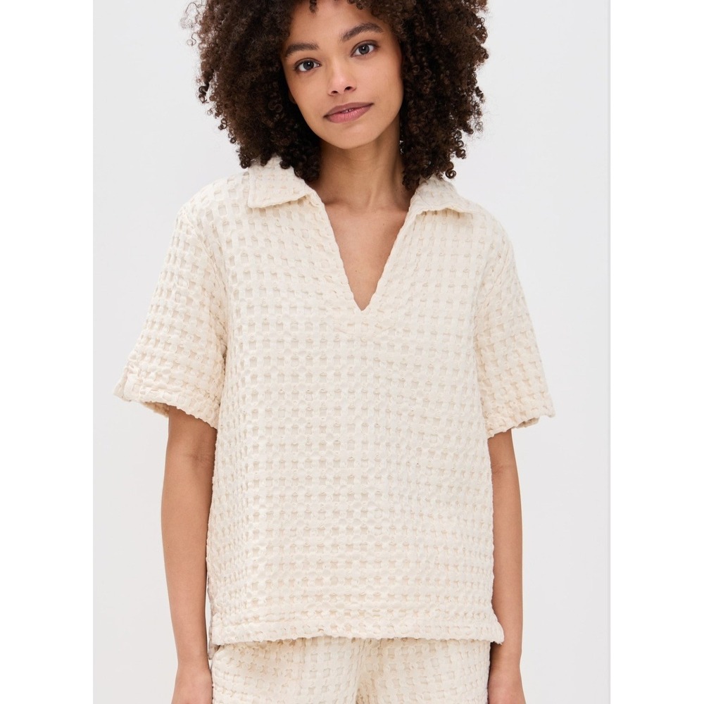 OAS Minimalist Quiet Luxury Ecru Jaffa Wuffle Cotton Oversized Polo  Top L